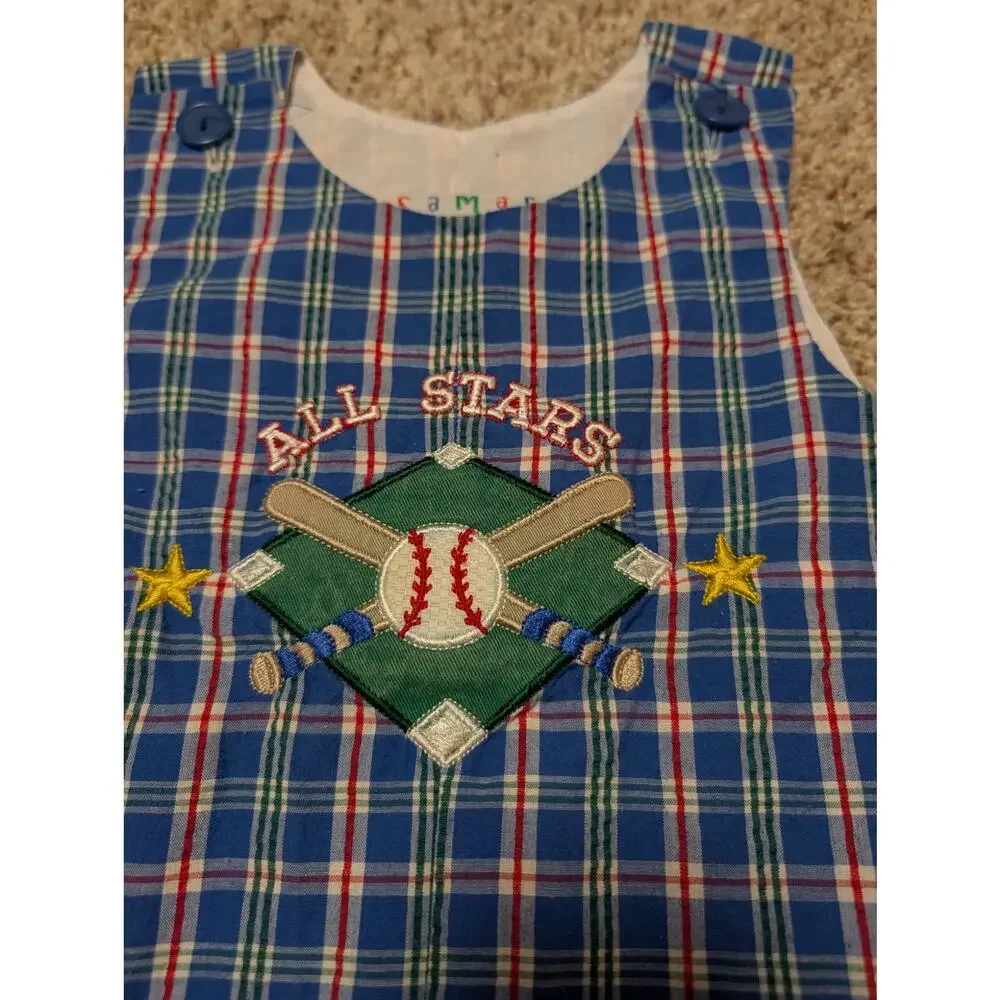 Samara Toddler Romper Overalls Size 2T Blue Plaid Baseball All Stars Shortall